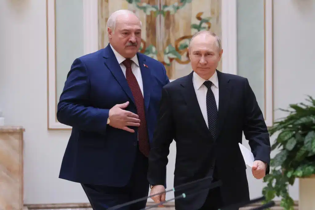Belarusian leader Alexander Lukashenko and Russian President Vladimir Putin meeting in 2025, symbolizing Belarus’s deepening political and economic dependence on Russia. Belarus Sanctions 2025