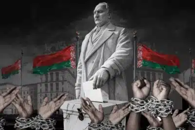 Illustration of authoritarian rule in Belarus showing a statue casting a vote, surrounded by Belarusian flags and citizens in chains, symbolising lack of electoral freedom and political oppression.