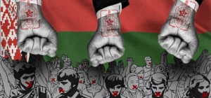 Illustration of Belarus human rights defenders in 2025 facing repression, with clenched fists stamped with KGB symbols over the Belarusian flag and a crowd of silenced protesters.