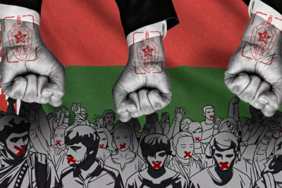 Illustration of Belarus human rights defenders in 2025 facing repression, with clenched fists stamped with KGB symbols over the Belarusian flag and a crowd of silenced protesters.