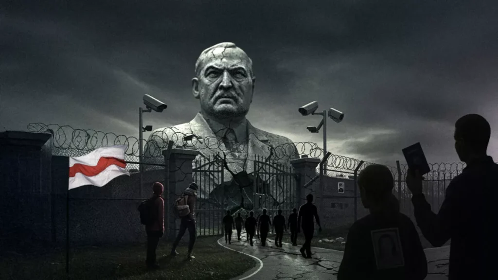 Dark artistic illustration depicting political repression in Belarus, with a giant statue of Alexander Lukashenko looming over a prison gate, barbed wire, and security cameras, as silhouettes of people approach holding portraits of political prisoners.