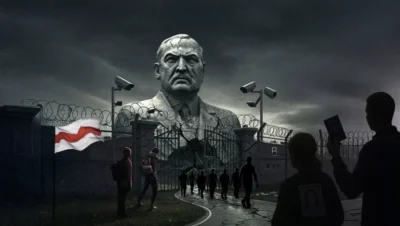 Dark artistic illustration depicting political repression in Belarus, with a giant statue of Alexander Lukashenko looming over a prison gate, barbed wire, and security cameras, as silhouettes of people approach holding portraits of political prisoners.
