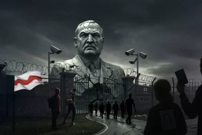 Dark artistic illustration depicting political repression in Belarus, with a giant statue of Alexander Lukashenko looming over a prison gate, barbed wire, and security cameras, as silhouettes of people approach holding portraits of political prisoners.